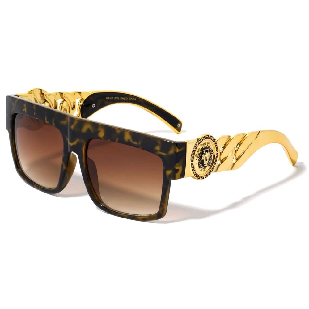 Oversized FLAT TOP SUNGLASSES‎ LARGE DESIGNER CHAIN HIP HOP Tortoise Brown Lens